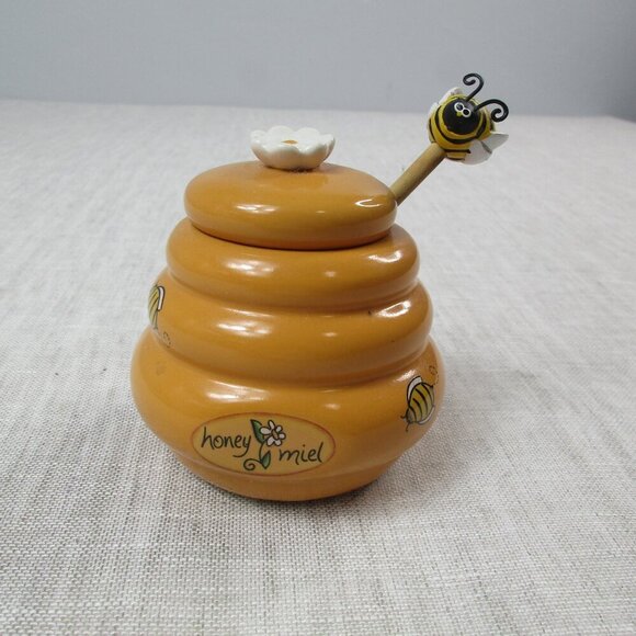 Honey‎ Miel Ceramic Beehive Honey Pot with Lid and Wooden Bumblebee Dipper Stick - Picture 6 of 7